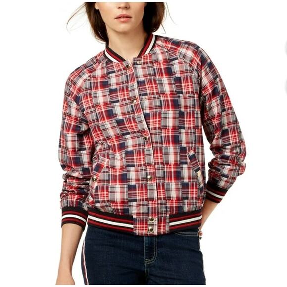 Tommy Hilfiger Jackets & Blazers - Tommy Hilfiger Womens Plaid Patchwork Varsity Jacket Colorful Multicolor Size 2X